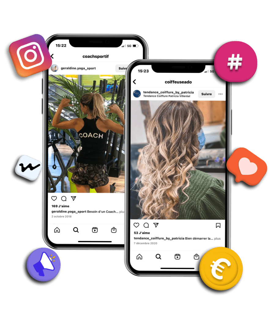 Deux téléphones montrant l'application Instagram accompagné d'icon colorés
