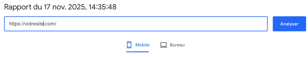 exemple d'un moteur de recherche sur PageSpeed Insight de google pour texter l'accessibilité de votre site pendant le black Fraidy 2025.